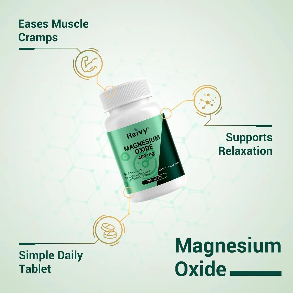 Heivy Magnesium Oxide 400mg | Vegan Mineral Supplement for Muscle Recovery & Relaxation in USA (120 Tablets x 2 Bottles) - view 4