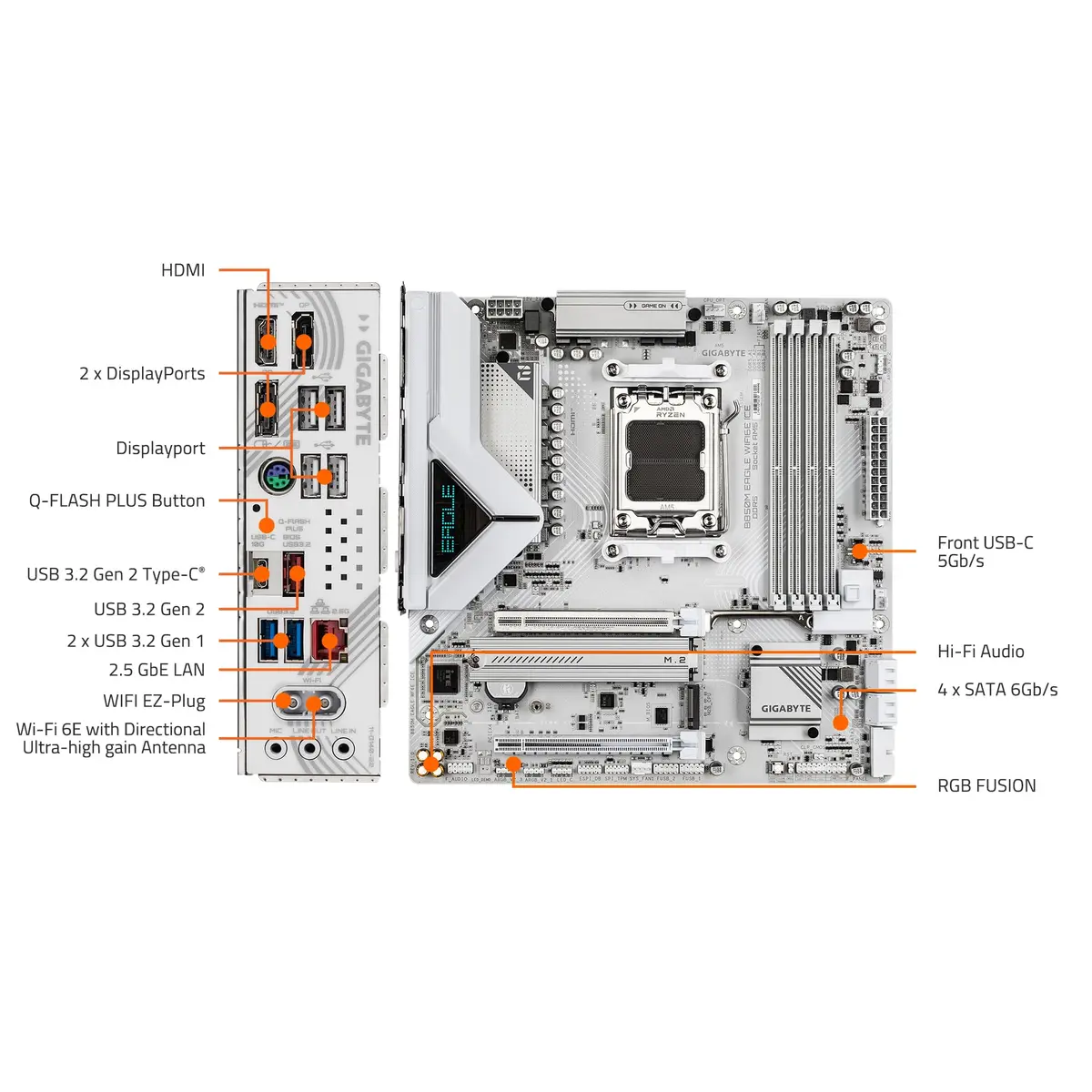 GIGABYTE B850M Eagle WIFI6E ICE AMD AM5 mATX Motherboard Support Ryzen 9000/8000/7000 DDR5 8+2+2 Power Phase 2X M.2 PCIe 5.0 USB-C WIFI6E 2.5GbE LAN 3-Year Warranty - view 5