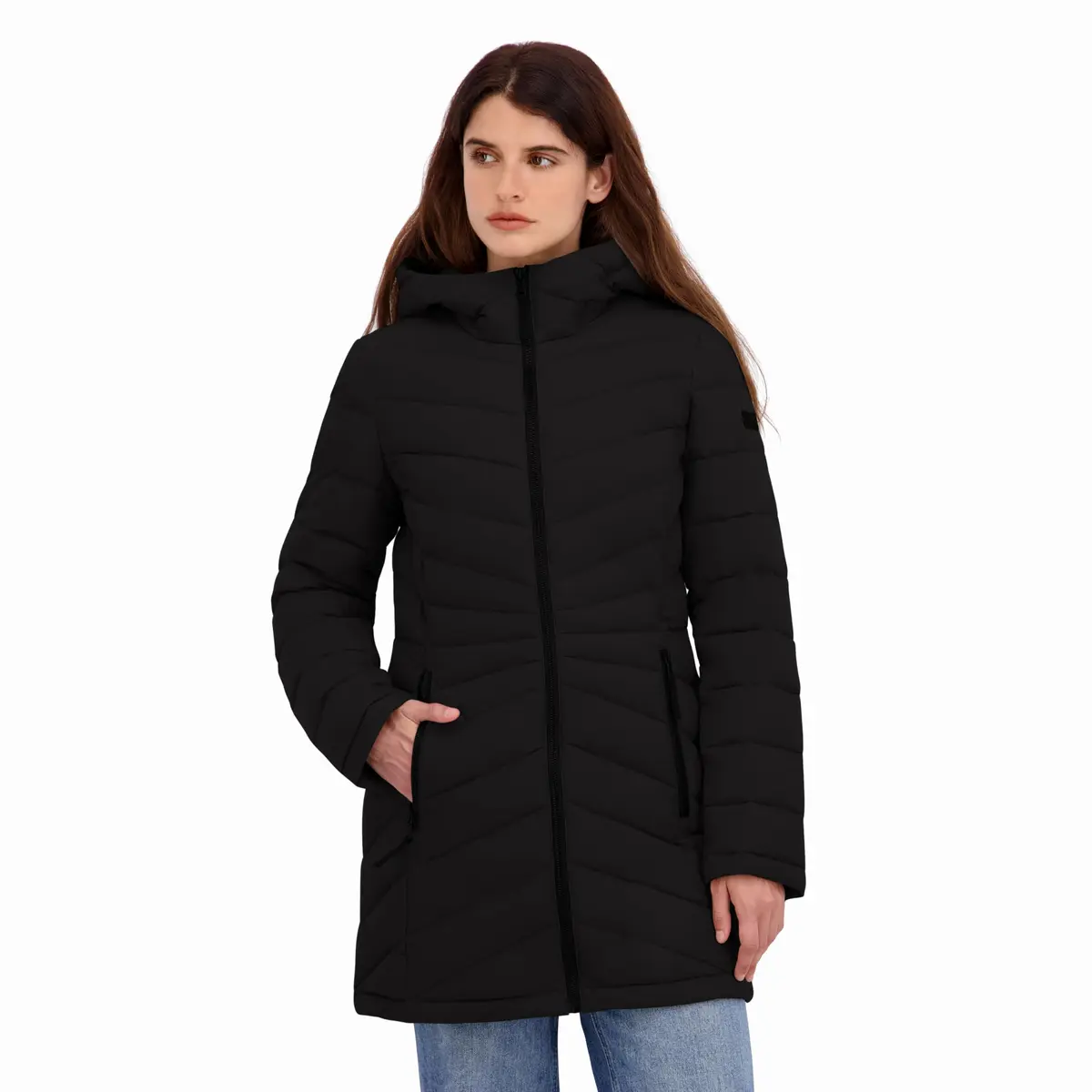 HFX Women's Longline Stretch Puffer Coat, Black, X-Large | Active & Performance Winter Outerwear - main product image