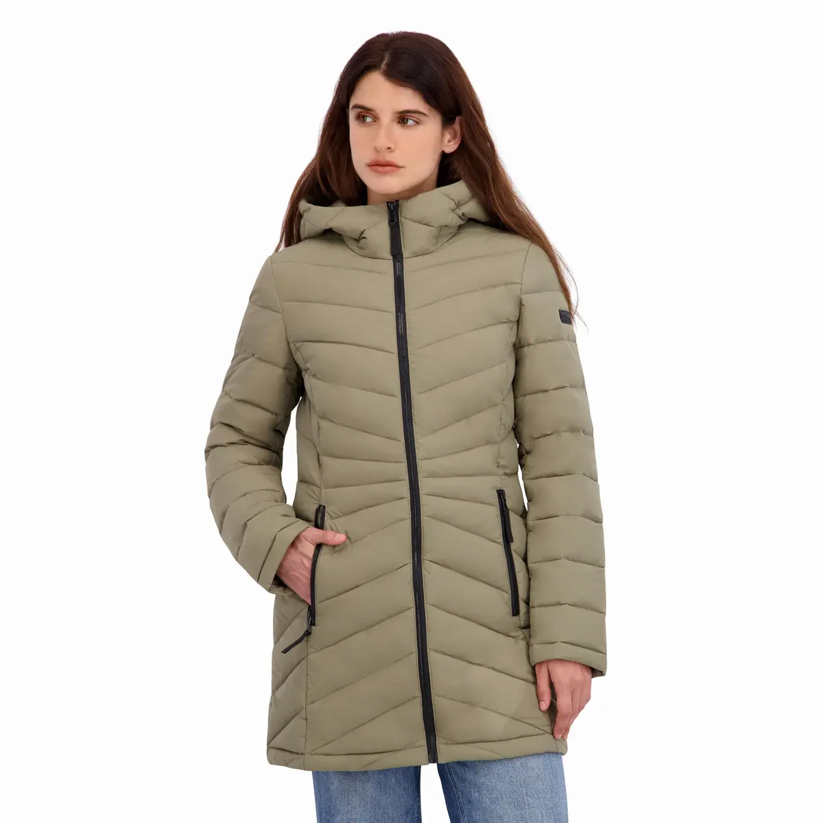 HFX Women's Longline Stretch Puffer Coat, Moss Green, Small | Active & Performance Winter Outerwear - main product image