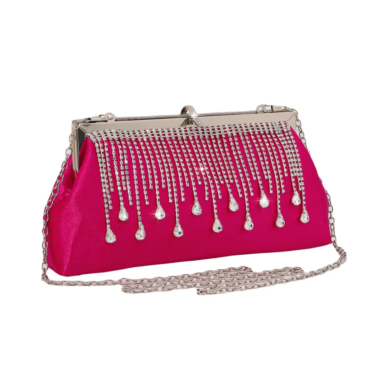 JIAN YA NA Satin Rhinestone Red Trihedral Clutch Evening Bag 11.3cm x 15.5cm | Bling Zipper Wedding Purse - main product image