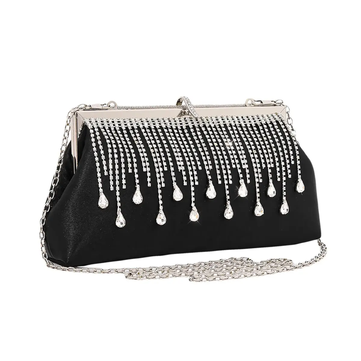 JIAN YA NA Satin Rhinestone Black Clutch Evening Bag 11.3cm x 15.5cm | Bling Zipper Wedding Purse - main product image