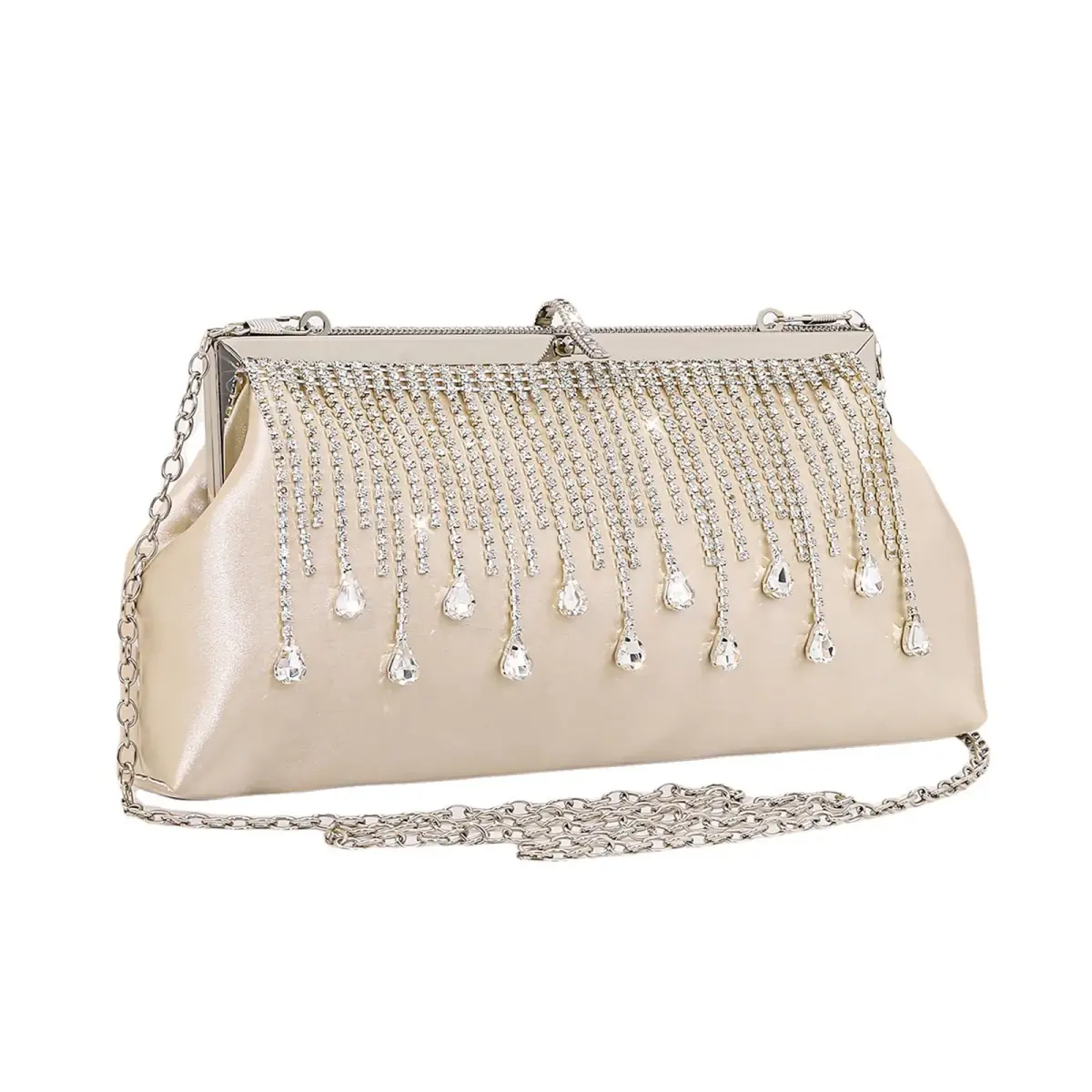 JIAN YA NA Beige Satin Fringe Rhinestone Trihedral Clutch Evening Bag - Apricot - main product image