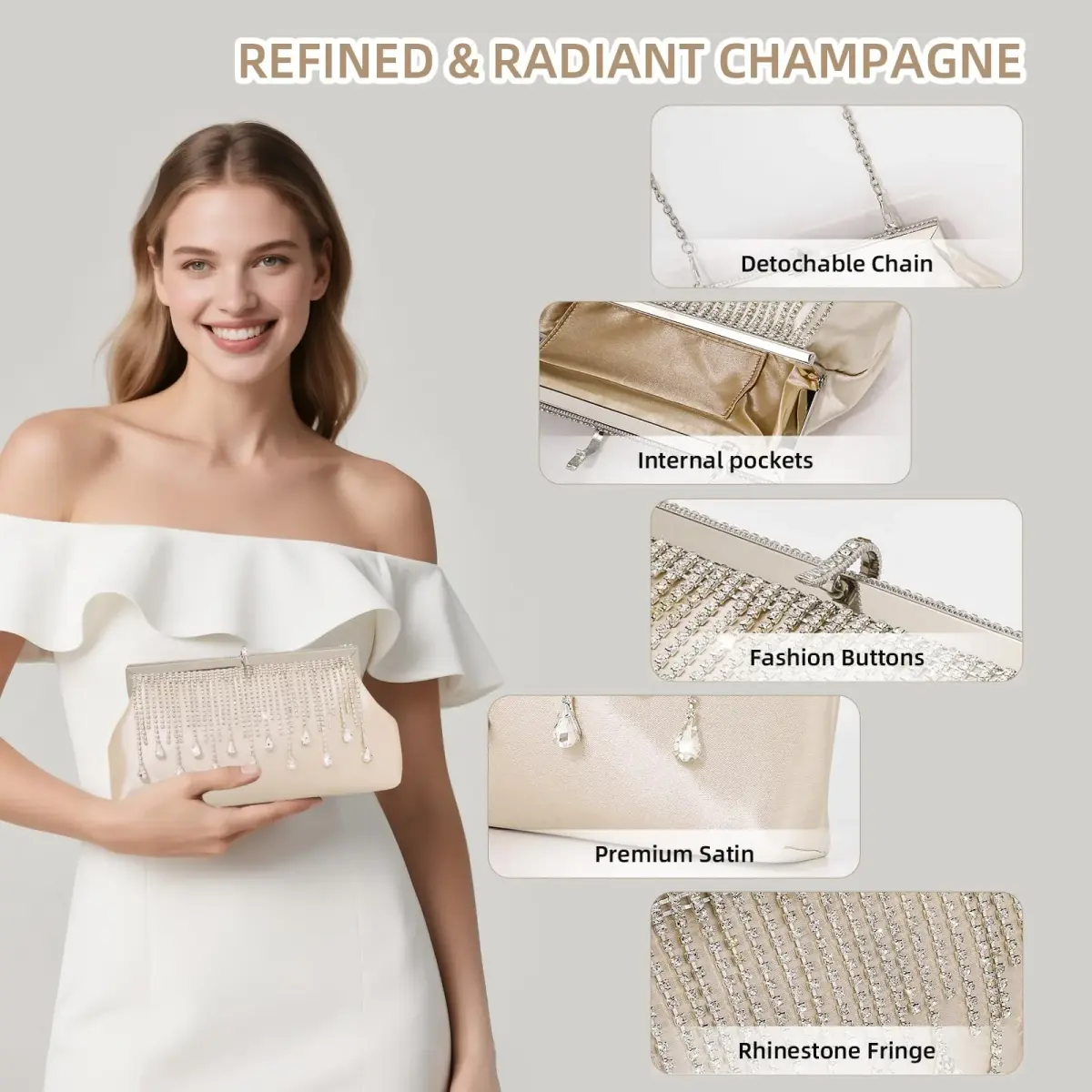 JIAN YA NA Beige Satin Fringe Rhinestone Trihedral Clutch Evening Bag - Apricot - view 4