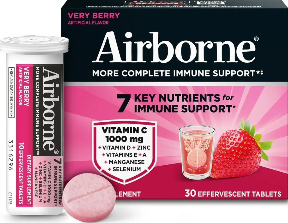 Airborne Very Berry Vitamin C 1000mg with D & Zinc Effervescent Tablets 60 Count (Pack of 2) | Immune Support with Antioxidants - main product image