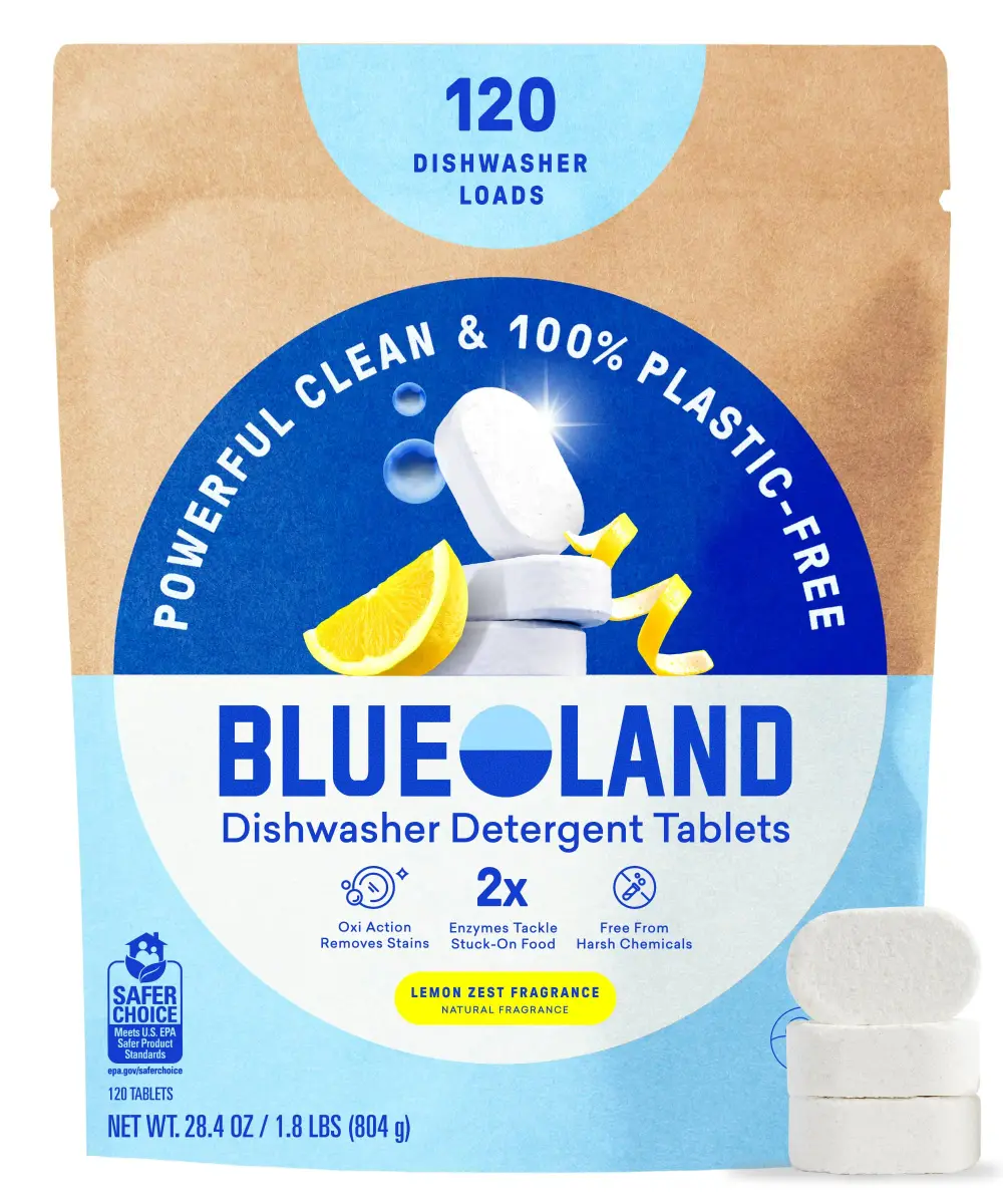 BLUELAND 100% Plastic-Free Dishwasher Detergent Tablets, 120 Count (Pack of 1) Lemon Zest | EPA Safer Choice Certified - main product image