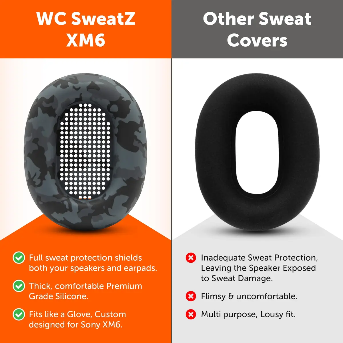 WC SweatZ XM6 Silicone Sweat Covers for Sony WH-1000XM6 | Sweatproof, Washable & Durable - view 3