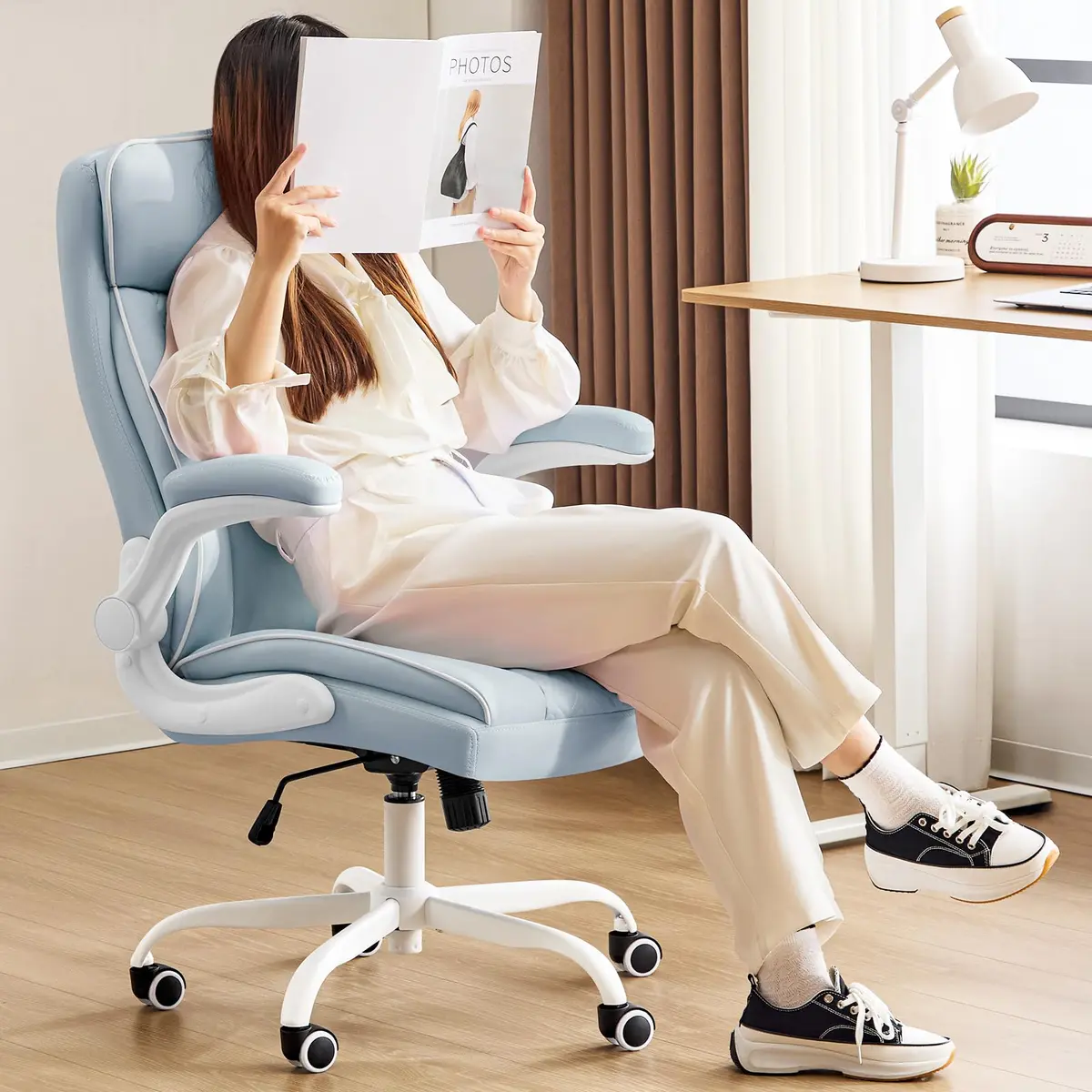Furnistyle Executive Office Chair with High Back, Leather, Blue | Lumbar Support & Adjustable Height - view 7