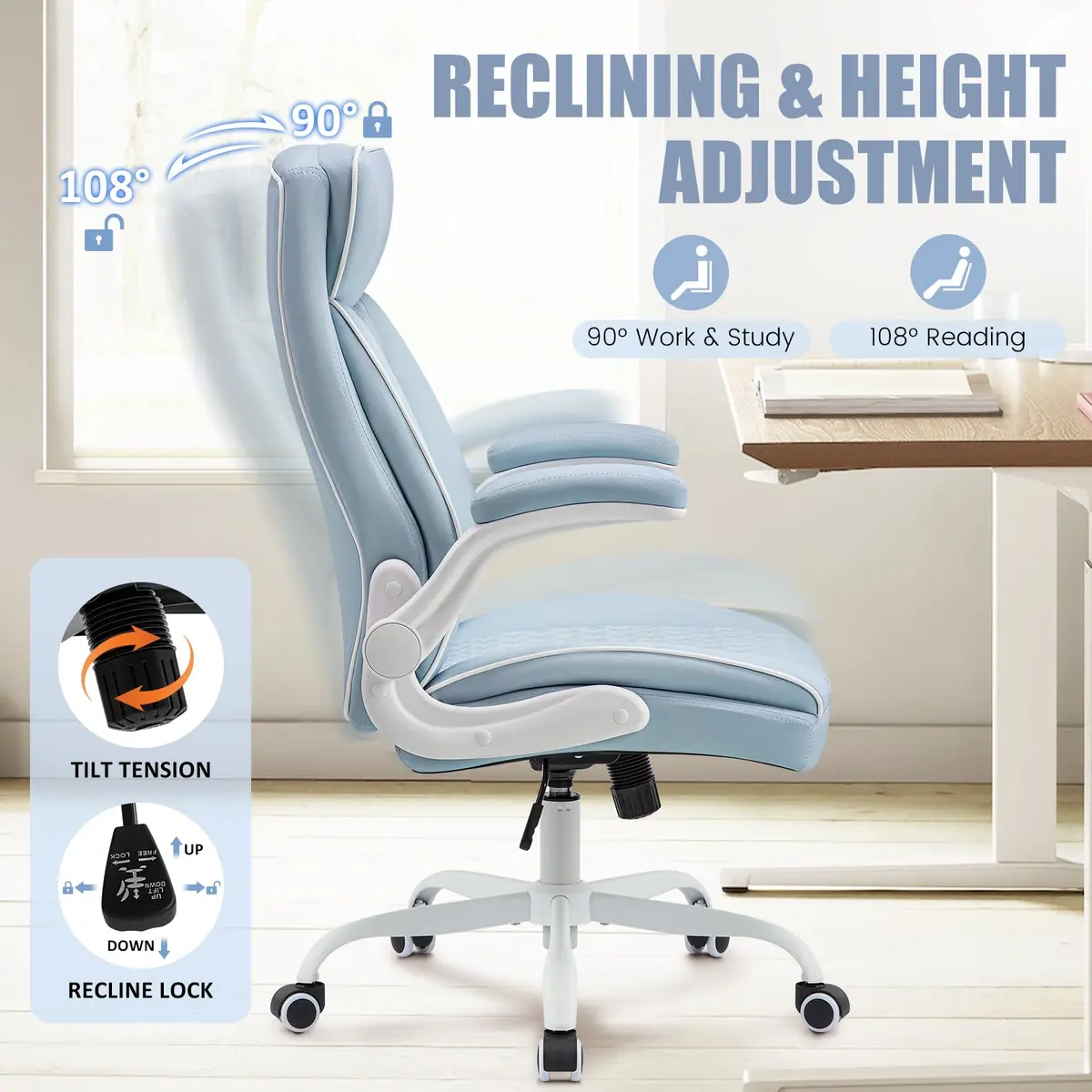 Furnistyle Executive Office Chair with High Back, Leather, Blue | Lumbar Support & Adjustable Height - view 3