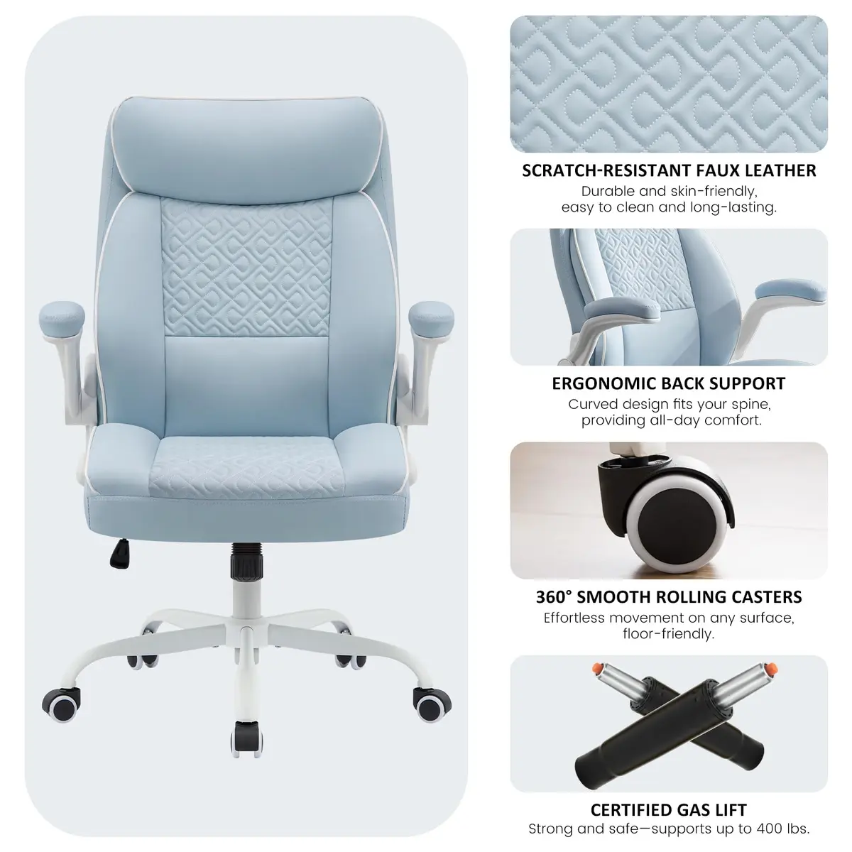 Furnistyle Executive Office Chair with High Back, Leather, Blue | Lumbar Support & Adjustable Height - view 4