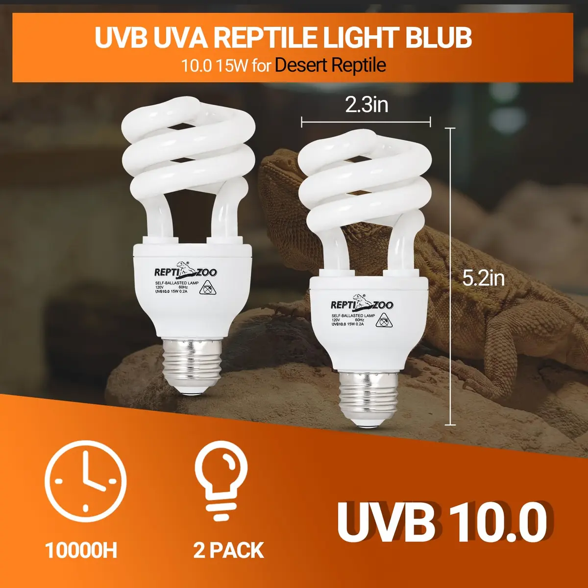 REPTI ZOO 15W UVA UVB Reptile Light Bulb 10.0 2-Pack | Simulates Tropical Sunlight for Bearded Dragons, Tortoises, Lizards, Snakes - view 2