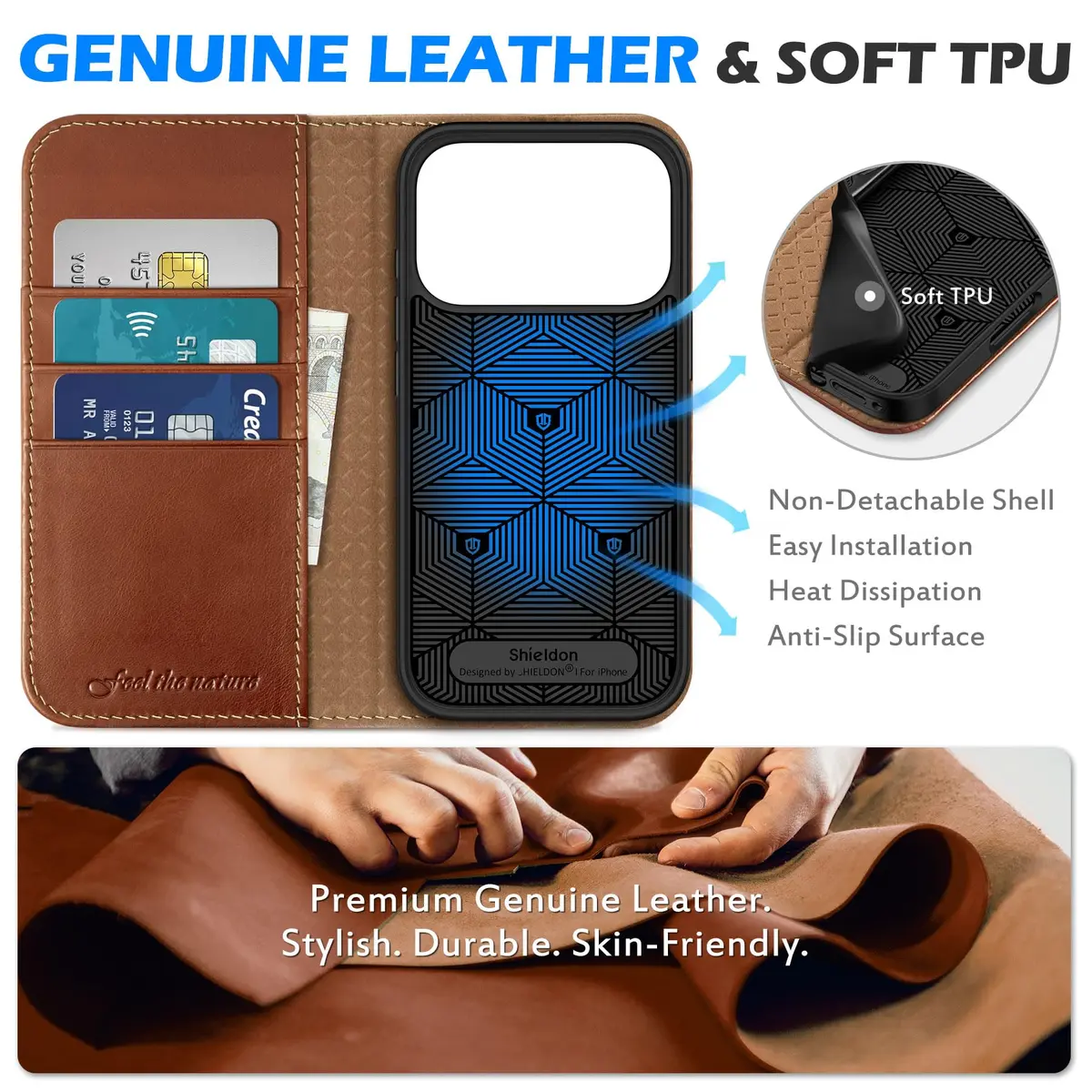 SHIELDON Genuine Leather Wallet Case for iPhone 18 Pro/17 Pro | RFID Blocking & Shockproof (6.3") - view 3