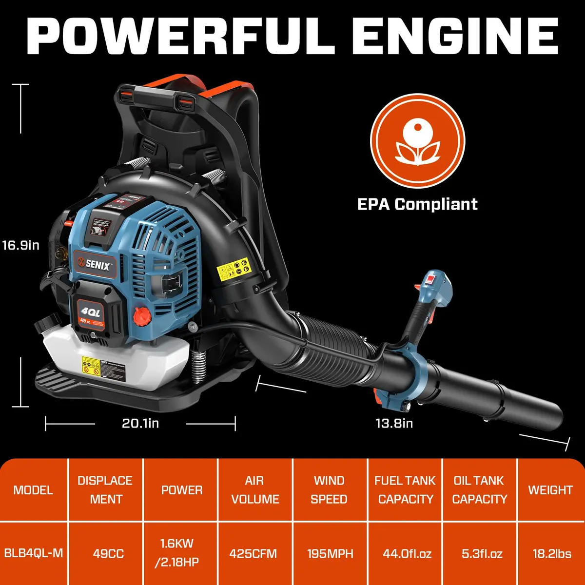 SENIX 49cc 4-Cycle Backpack Gas Leaf Blower | 600 CFM/200 MPH | Low Emission, Ergonomic Backpack Design - view 2