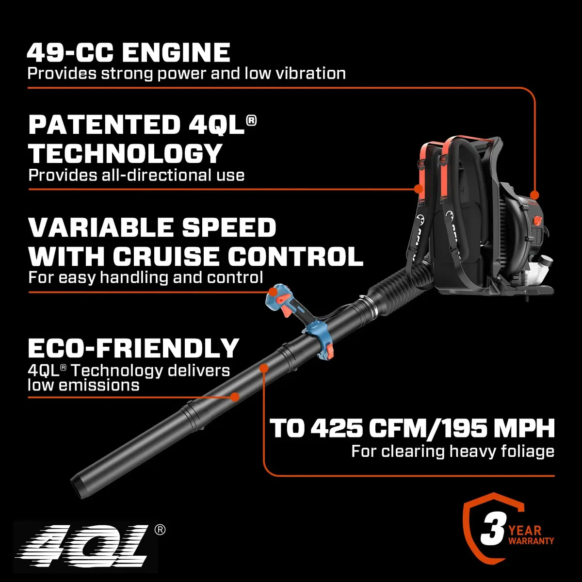 SENIX 49cc 4-Cycle Backpack Gas Leaf Blower | 600 CFM/200 MPH | Low Emission, Ergonomic Backpack Design - view 3