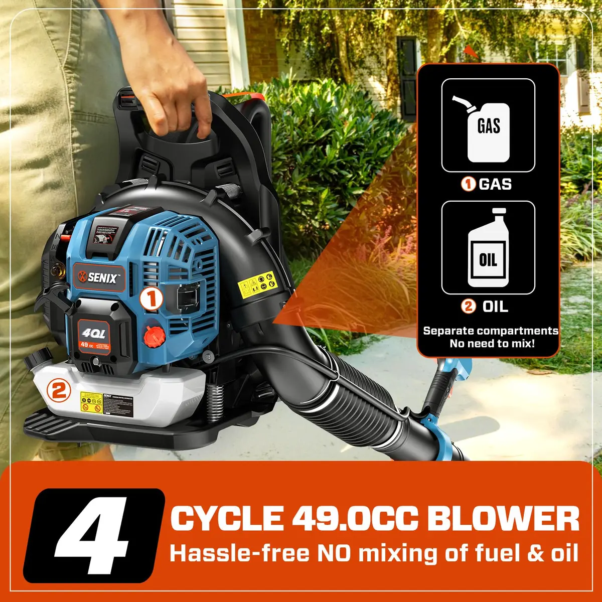 SENIX 49cc 4-Cycle Backpack Gas Leaf Blower | 600 CFM/200 MPH | Low Emission, Ergonomic Backpack Design - view 4