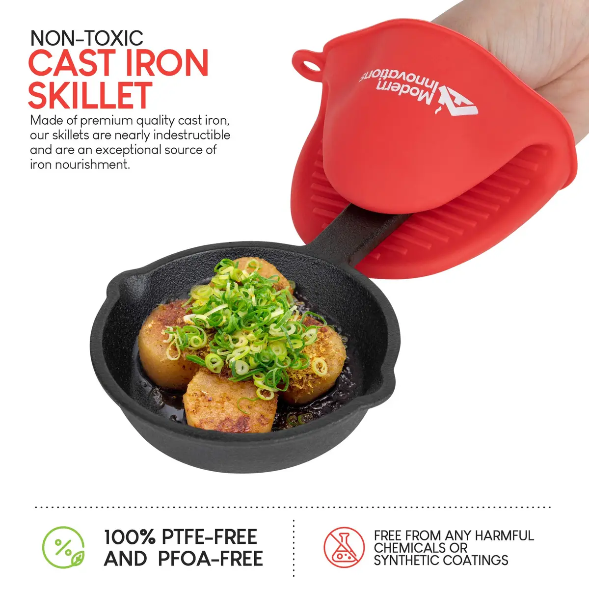 Modern Innovations Mini Black Cast Iron Skillet Set with Silicone Mitt (48 Count) - 3.5 Inch Pans | Pre Seasoned Small Skillets for Baked Cookie/Brownie or Cooked Eggs - view 2