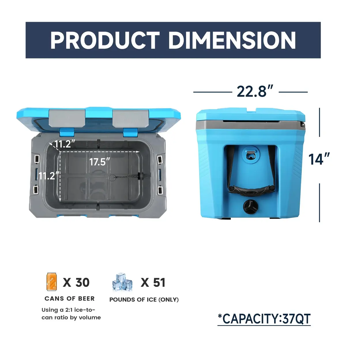 EchoSmile 35 Quart Insulated Cooler Blue | Large Capacity, Durable & Portable - view 4