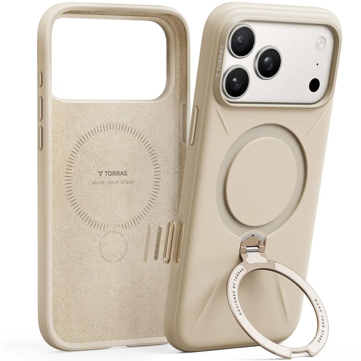 TORRAS Q3 Silicone 360 Spin Case for iPhone 17 Pro 6.3'' | MagSafe Compatible, Magnetic Ring Kickstand, Liquid Silicone Rubber, Dune Beige - main product image