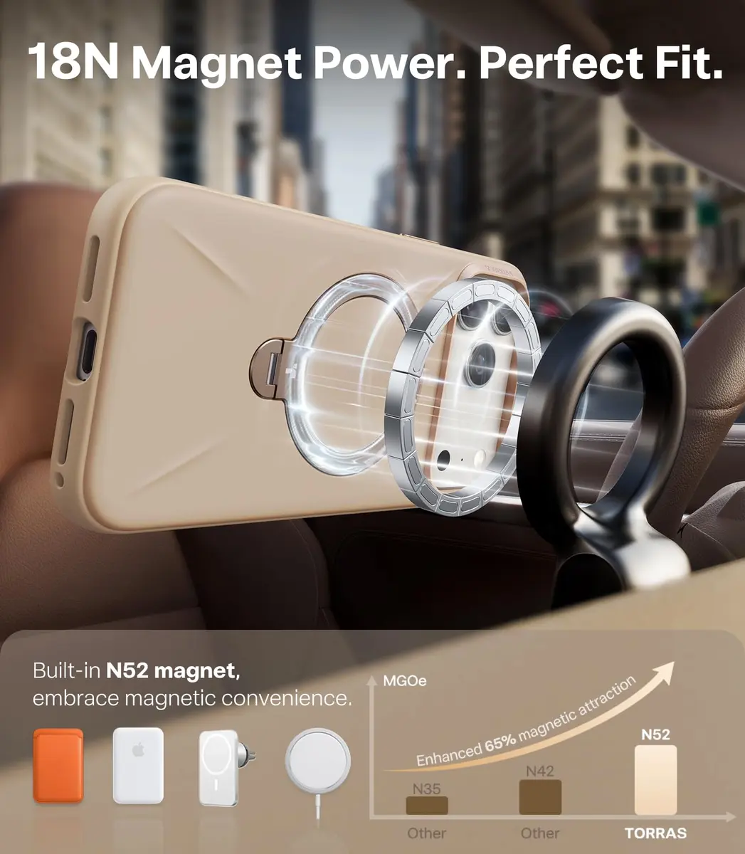 TORRAS Q3 Silicone 360 Spin Case for iPhone 17 Pro 6.3'' | MagSafe Compatible, Magnetic Ring Kickstand, Liquid Silicone Rubber, Dune Beige - view 5