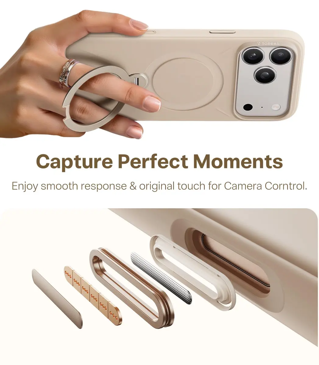 TORRAS Q3 Silicone 360 Spin Case for iPhone 17 Pro 6.3'' | MagSafe Compatible, Magnetic Ring Kickstand, Liquid Silicone Rubber, Dune Beige - view 7