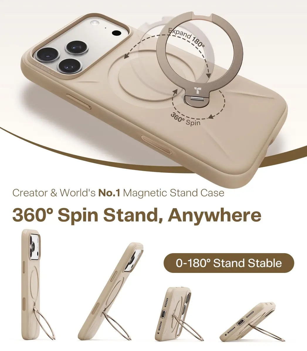 TORRAS Q3 Silicone 360 Spin Case for iPhone 17 Pro 6.3'' | MagSafe Compatible, Magnetic Ring Kickstand, Liquid Silicone Rubber, Dune Beige - view 3