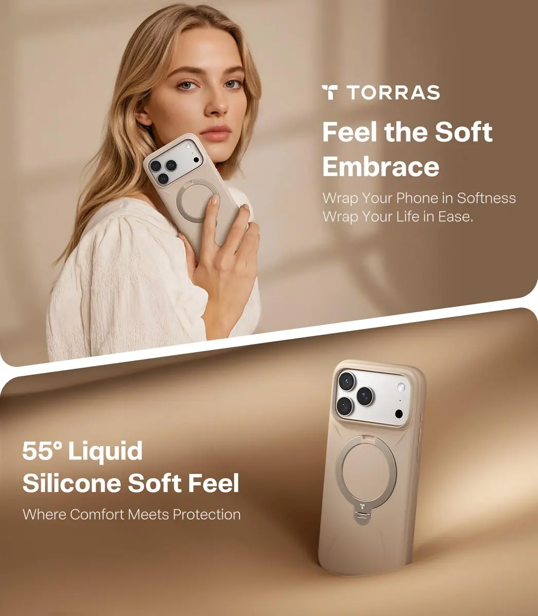 TORRAS Q3 Silicone 360 Spin Case for iPhone 17 Pro 6.3'' | MagSafe Compatible, Magnetic Ring Kickstand, Liquid Silicone Rubber, Dune Beige - view 4