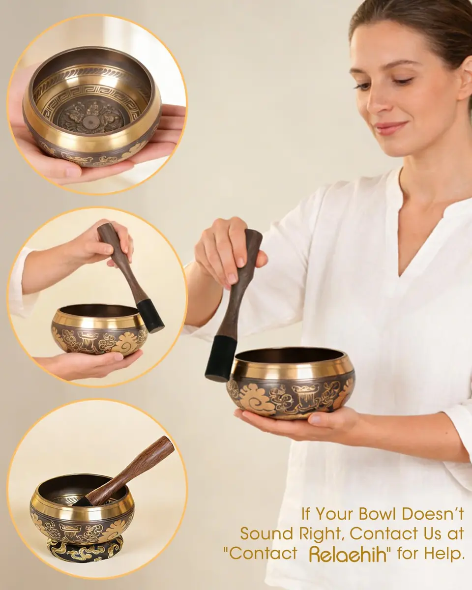 Relaehih Tibetan Singing Bowl Set 5 Inch | Authentic Nepal Hand-Hammered Meditation Chakra Sound Bowl with Mallet & Cushion - view 8