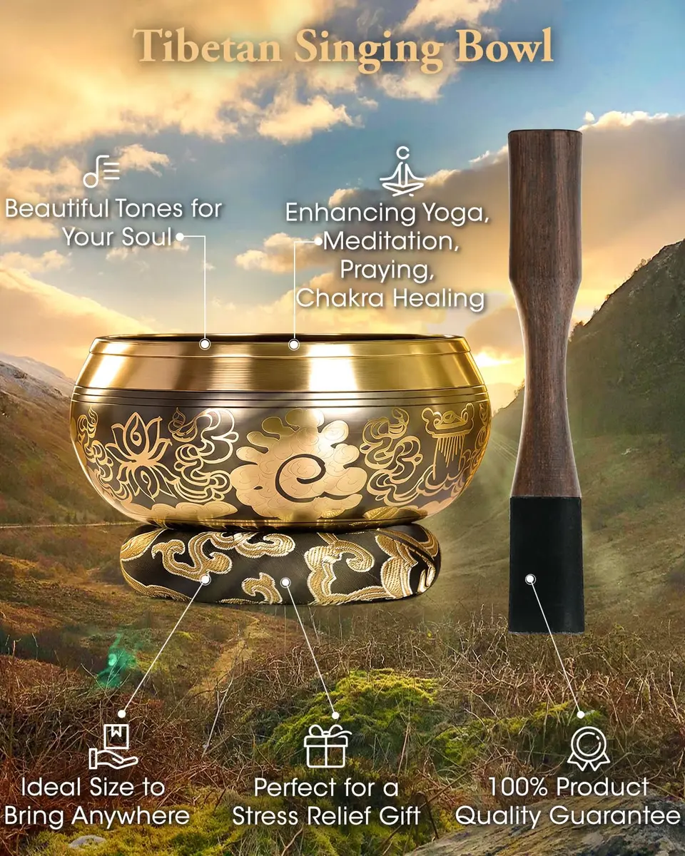 Relaehih Tibetan Singing Bowl Set 5 Inch | Authentic Nepal Hand-Hammered Meditation Chakra Sound Bowl with Mallet & Cushion - view 2