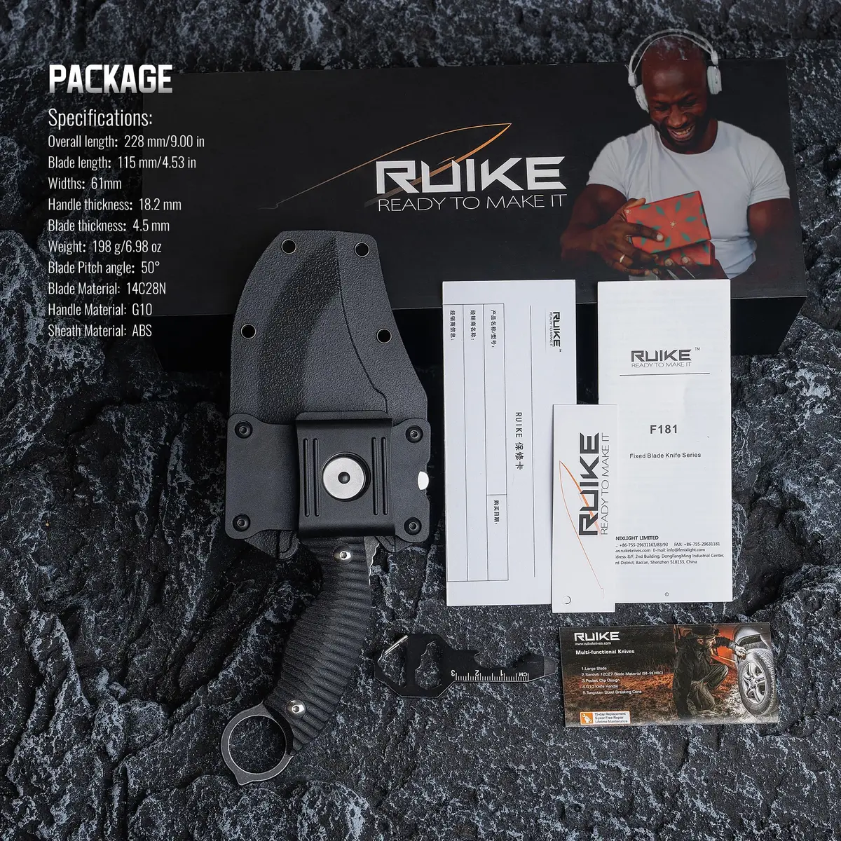 Ruike F181-B1 Tactical Fixed Blade Knife with Sheath, 14C28N Steel, Full-tang, 4.53-inch Blade, G10 Handle, Camping & Hunting Gear - view 8