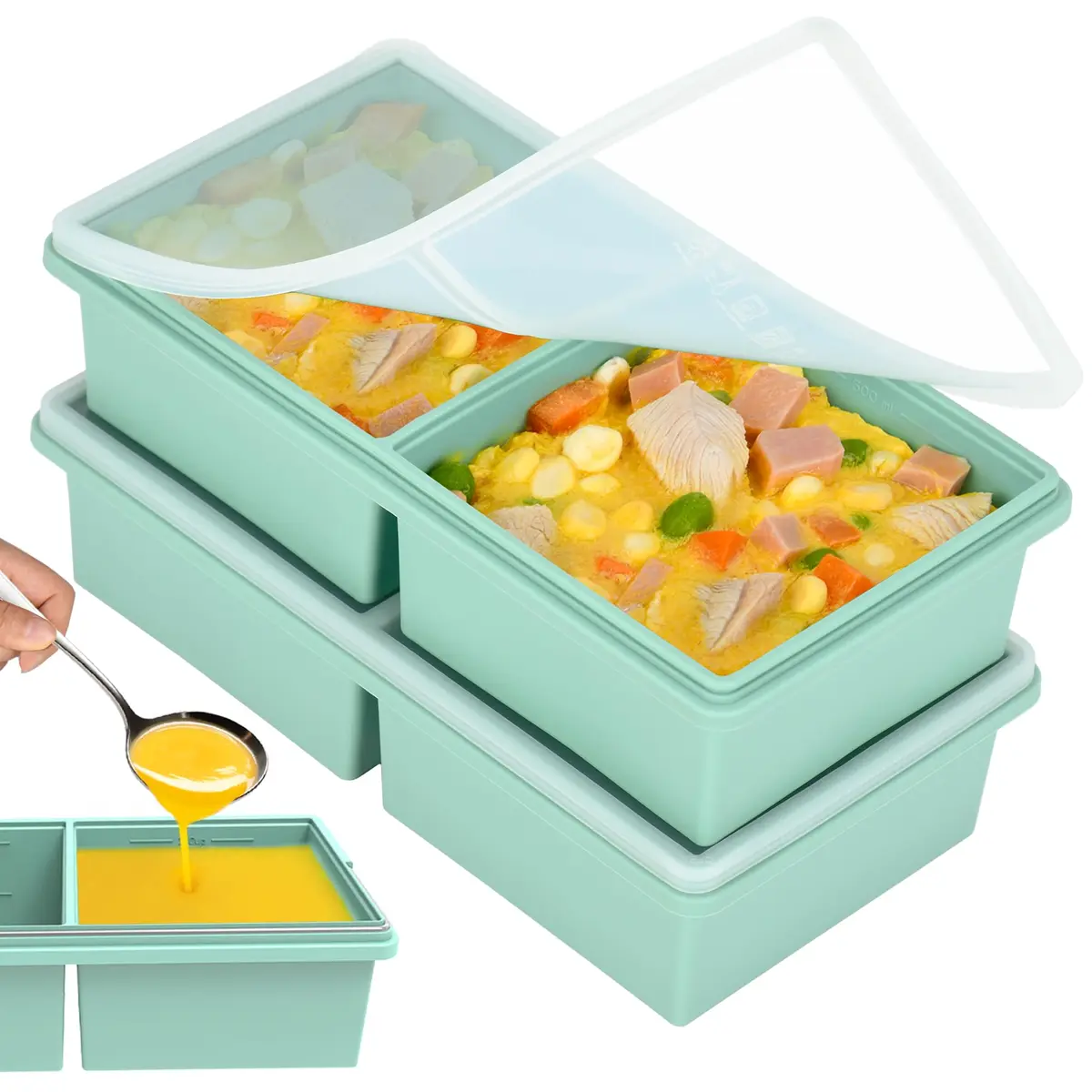 CyhHave 2 Cup Silicone Freezer Trays with Lids, 500ml (16 Fl Oz) | Portion Control Meal Prep - main product image