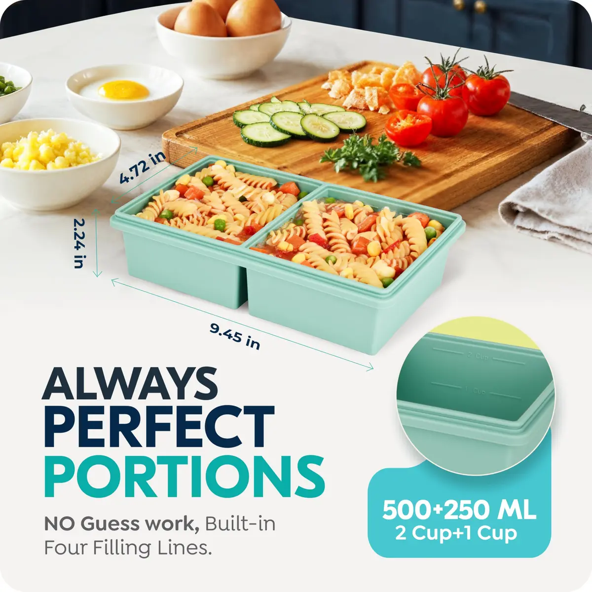 CyhHave 2 Cup Silicone Freezer Trays with Lids, 500ml (16 Fl Oz) | Portion Control Meal Prep - view 2
