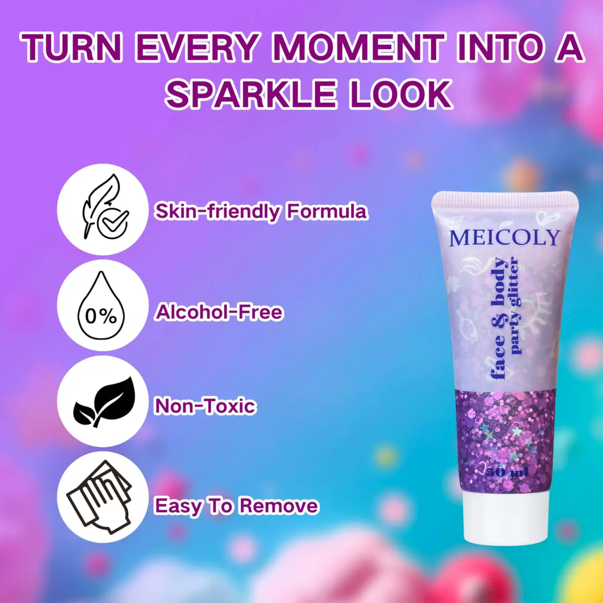 MEICOLY Purple Hair Glitter Kids Makeup | Holographic Halloween Sparkly Face Glitter - view 6