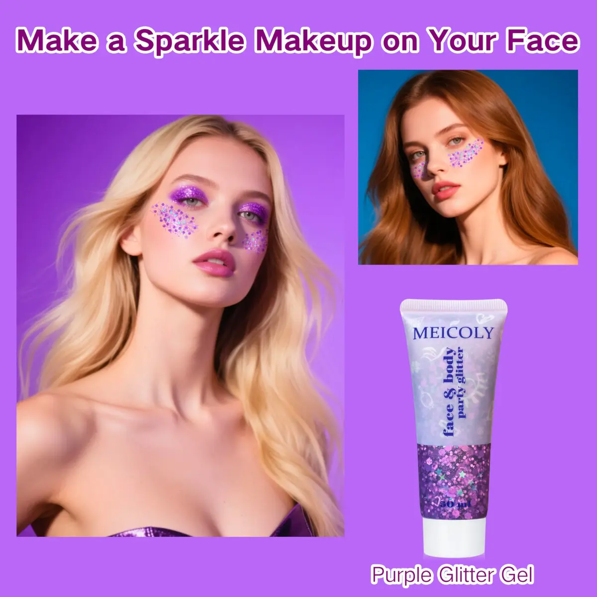 MEICOLY Purple Hair Glitter Kids Makeup | Holographic Halloween Sparkly Face Glitter - view 7
