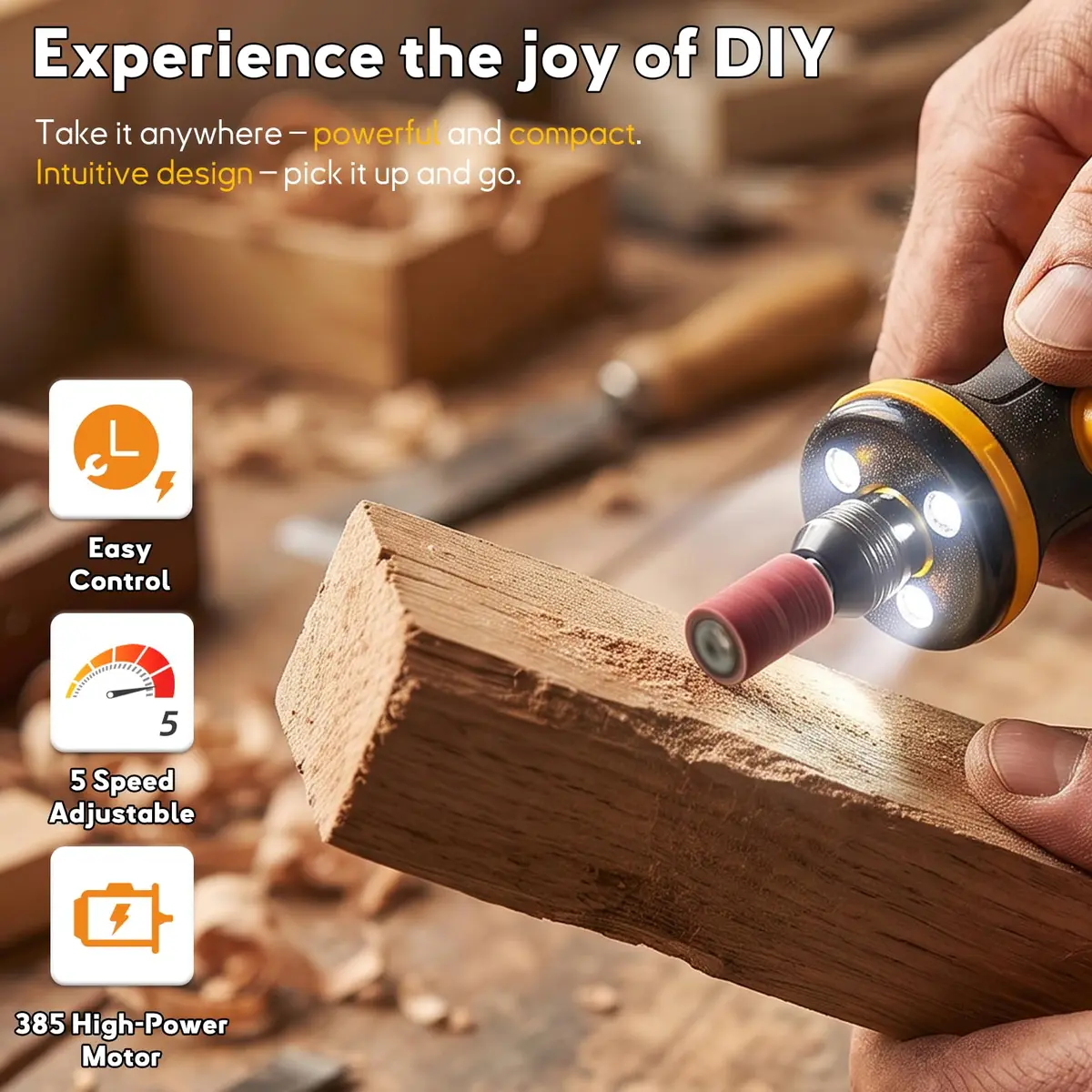 XIFOWE 7.2V Mini Cordless Rotary Tool | 59 Attachments for DIY Crafts, Metal & Wood Polishing, 3D Resin Sanding - view 3