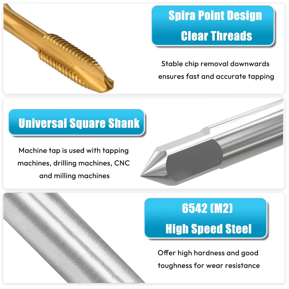 Saipe 7pcs M2-M6 Metric Spiral Point Tap Set with Titanium Coating | HSS 6542 Machine Screw Taps - view 3