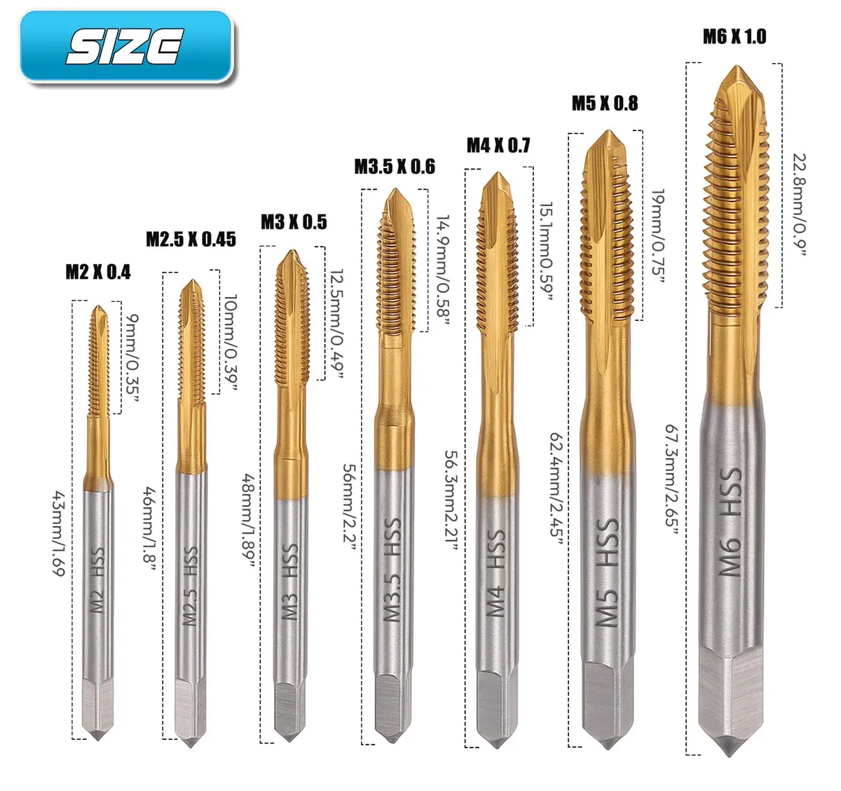 Saipe 7pcs M2-M6 Metric Spiral Point Tap Set with Titanium Coating | HSS 6542 Machine Screw Taps - view 4