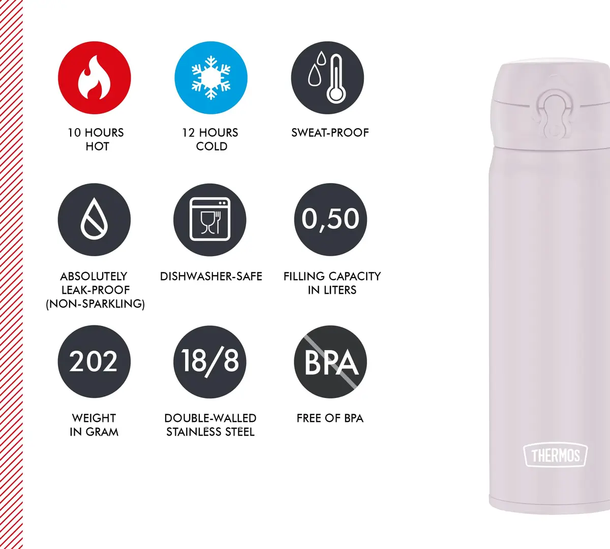 THERMOS Ultralight Bottle 500ml (16.9 Fl Oz) Soft Pink Matte | Lightweight Insulated Flask - view 5