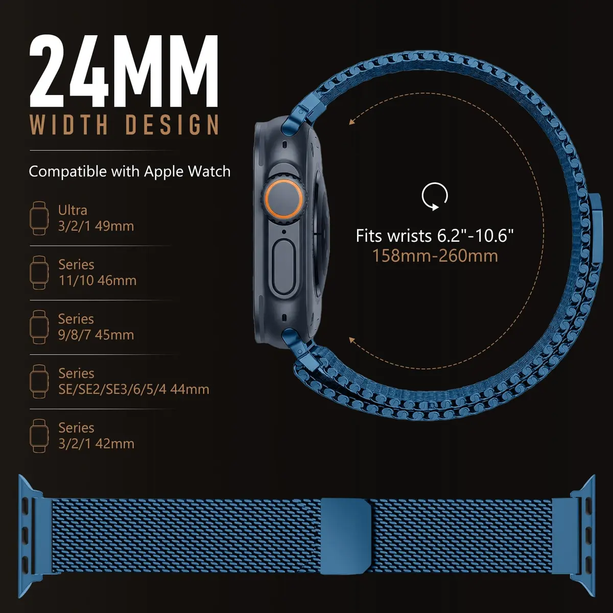 YuiYuKa Milanese Loop for Apple Watch Ultra 4/3/2/1 & Series 12-1/SE 49mm Stainless Steel Mesh Band - view 5