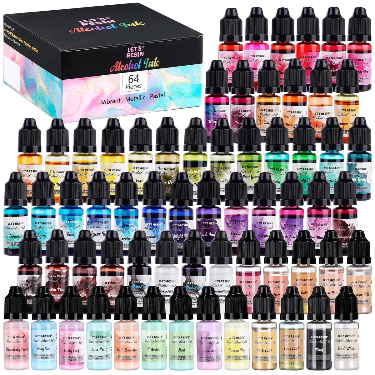 LET'S RESIN 64pcs Alcohol Ink Set, 9 Pastel & 9 Metallic Colors, 640ml (21.6 oz) | Vibrant, Blendable, Non-Toxic - main product image