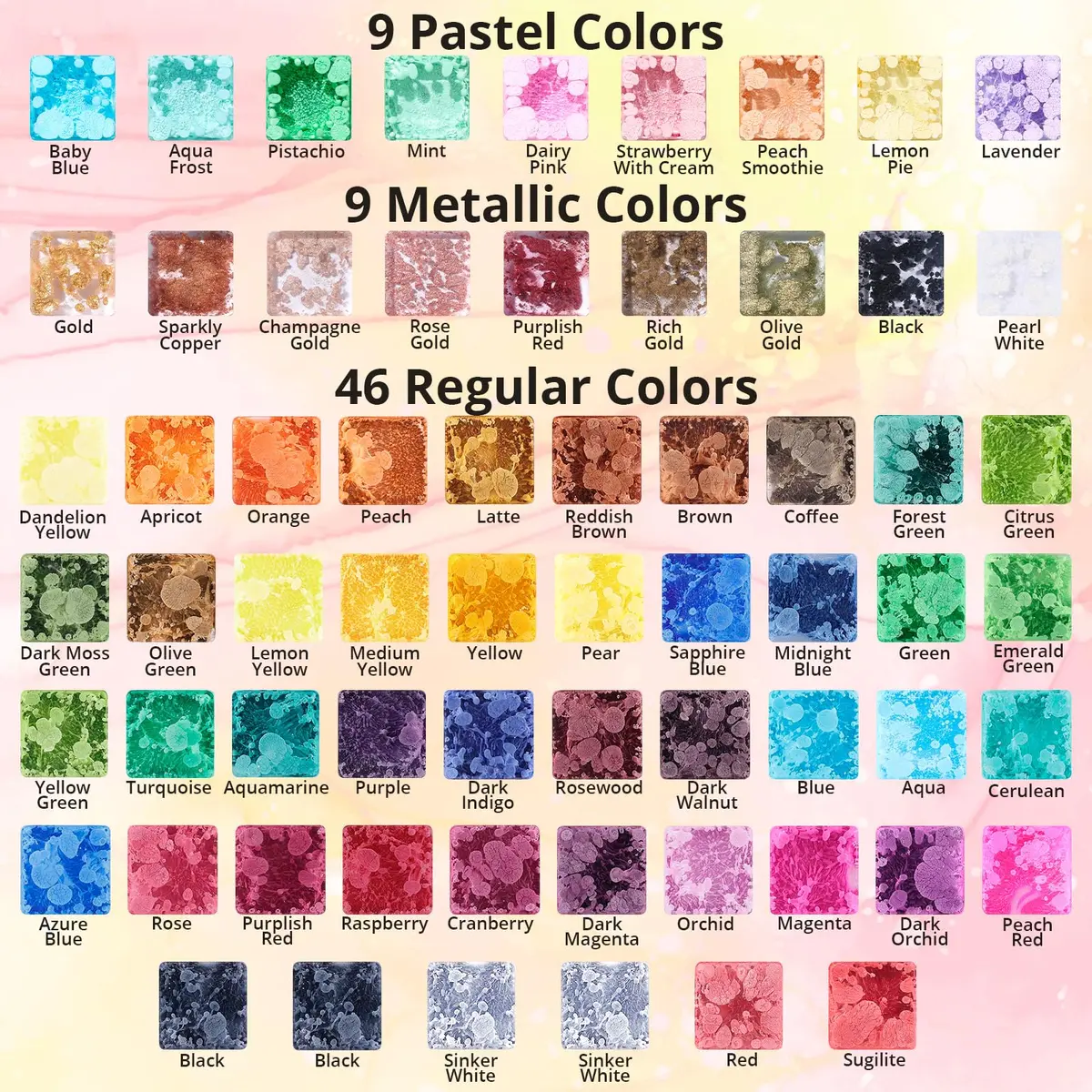 LET'S RESIN 64pcs Alcohol Ink Set, 9 Pastel & 9 Metallic Colors, 640ml (21.6 oz) | Vibrant, Blendable, Non-Toxic - view 2