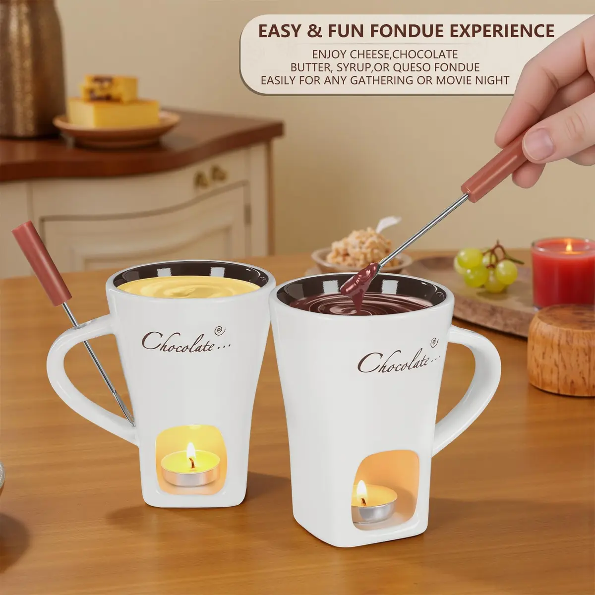 daslich Fondue Pot Cup Set | Ceramic Chocolate & Cheese Melting Mug for Date Night & Parties - view 5