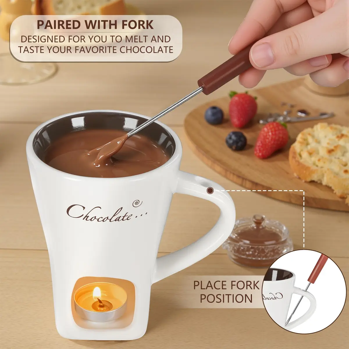 daslich Fondue Pot Cup Set | Ceramic Chocolate & Cheese Melting Mug for Date Night & Parties - view 6