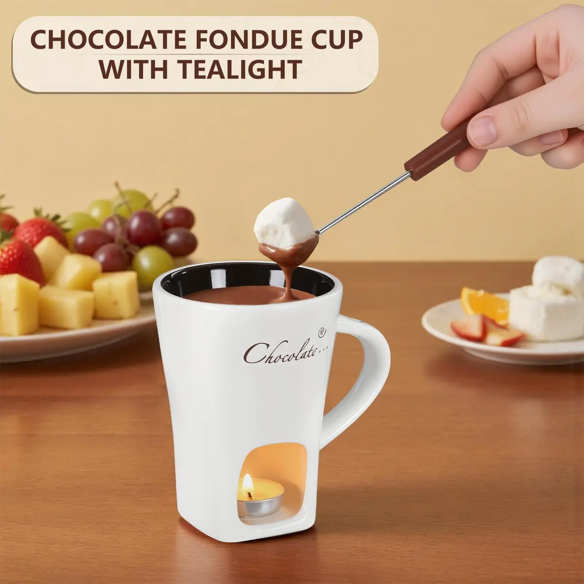 daslich Fondue Pot Cup Set | Ceramic Chocolate & Cheese Melting Mug for Date Night & Parties - view 2