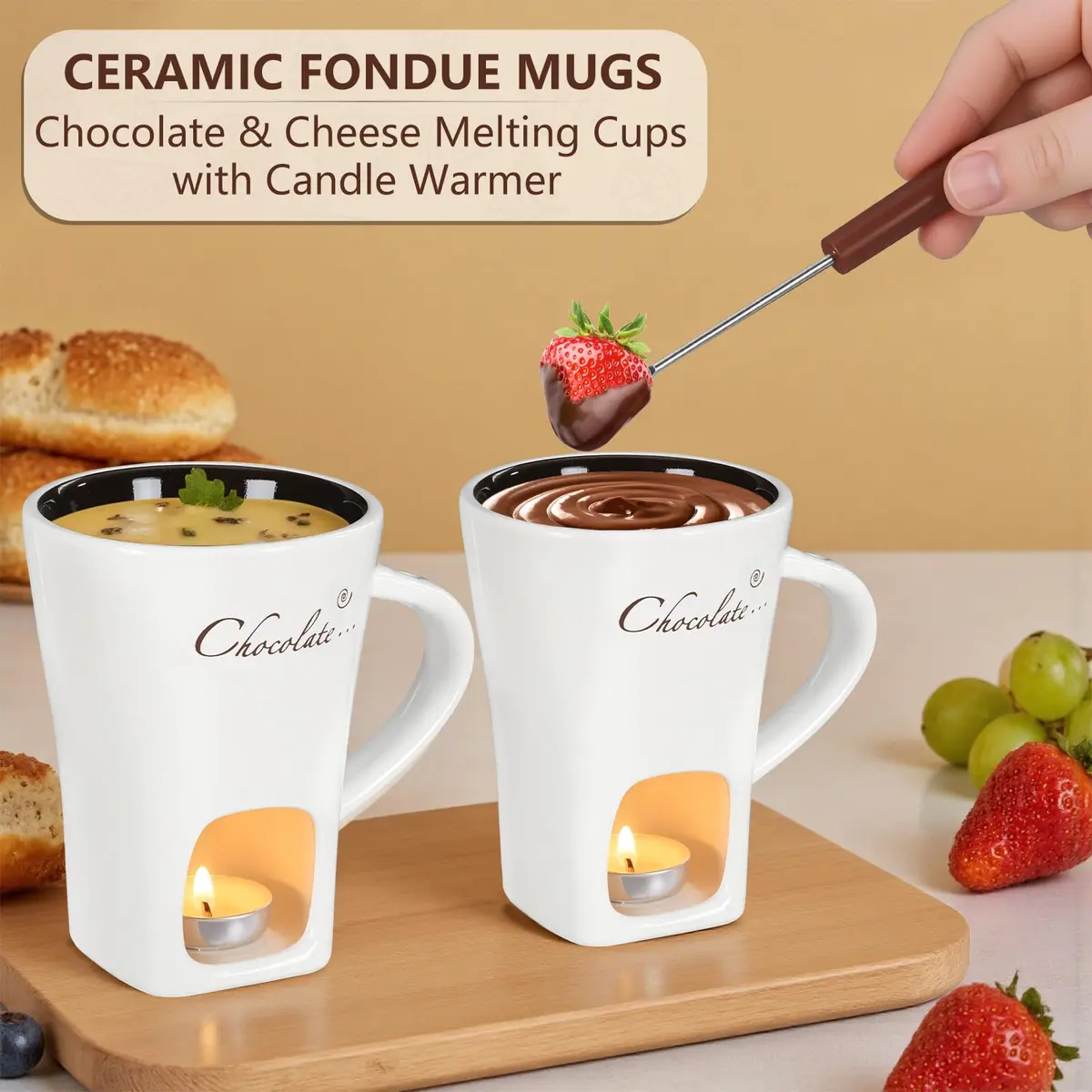 daslich Fondue Pot Cup Set | Ceramic Chocolate & Cheese Melting Mug for Date Night & Parties - view 3
