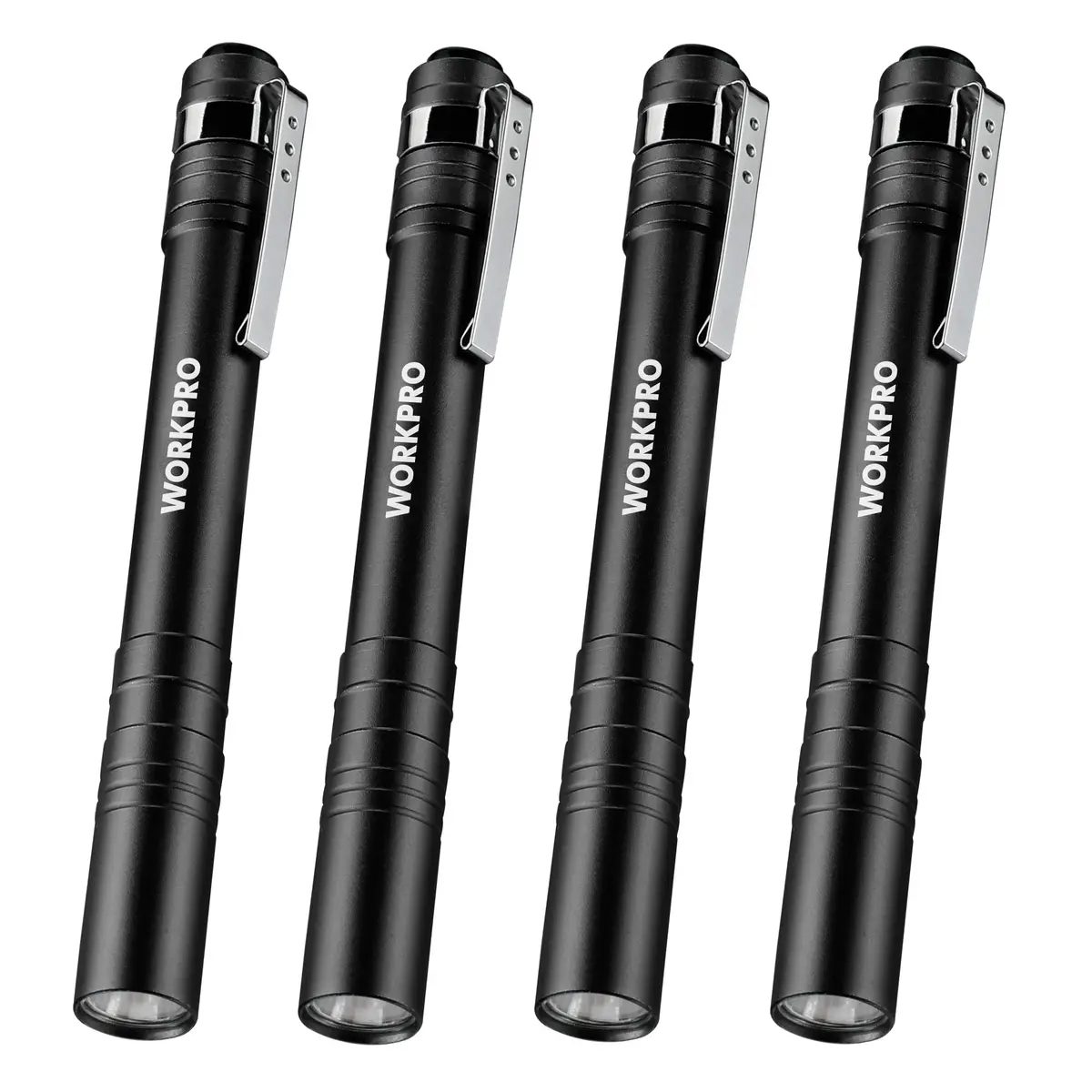 WORKPRO LED Pen Light, Aluminum Pen Flashlight with Clip, 4 Count (Black) | Inspection, Emergency, Everyday Use - main product image