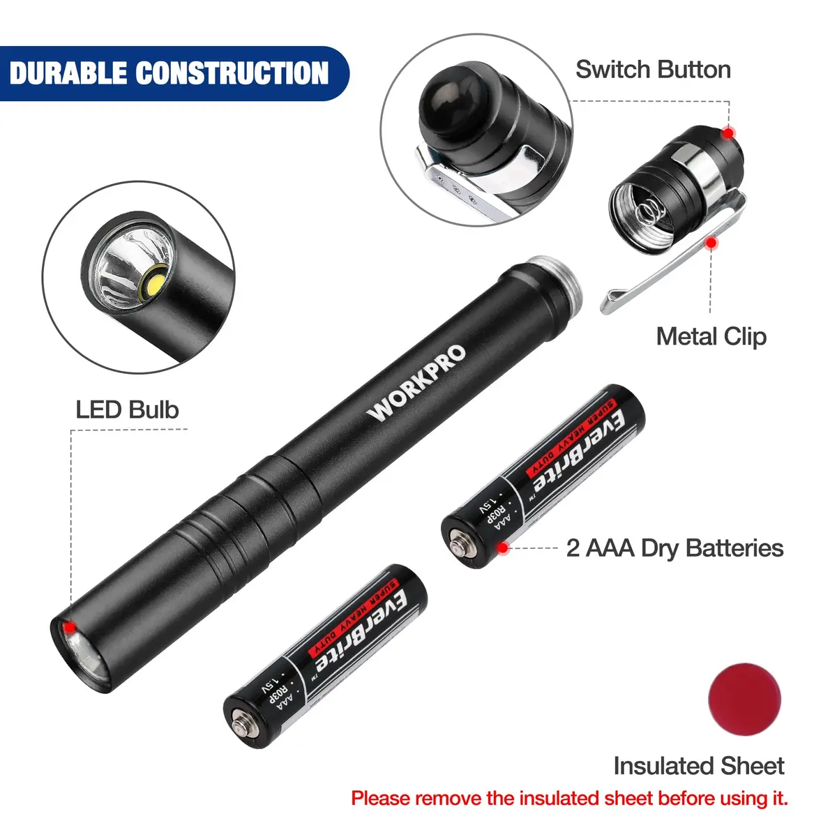WORKPRO LED Pen Light, Aluminum Pen Flashlight with Clip, 4 Count (Black) | Inspection, Emergency, Everyday Use - view 4