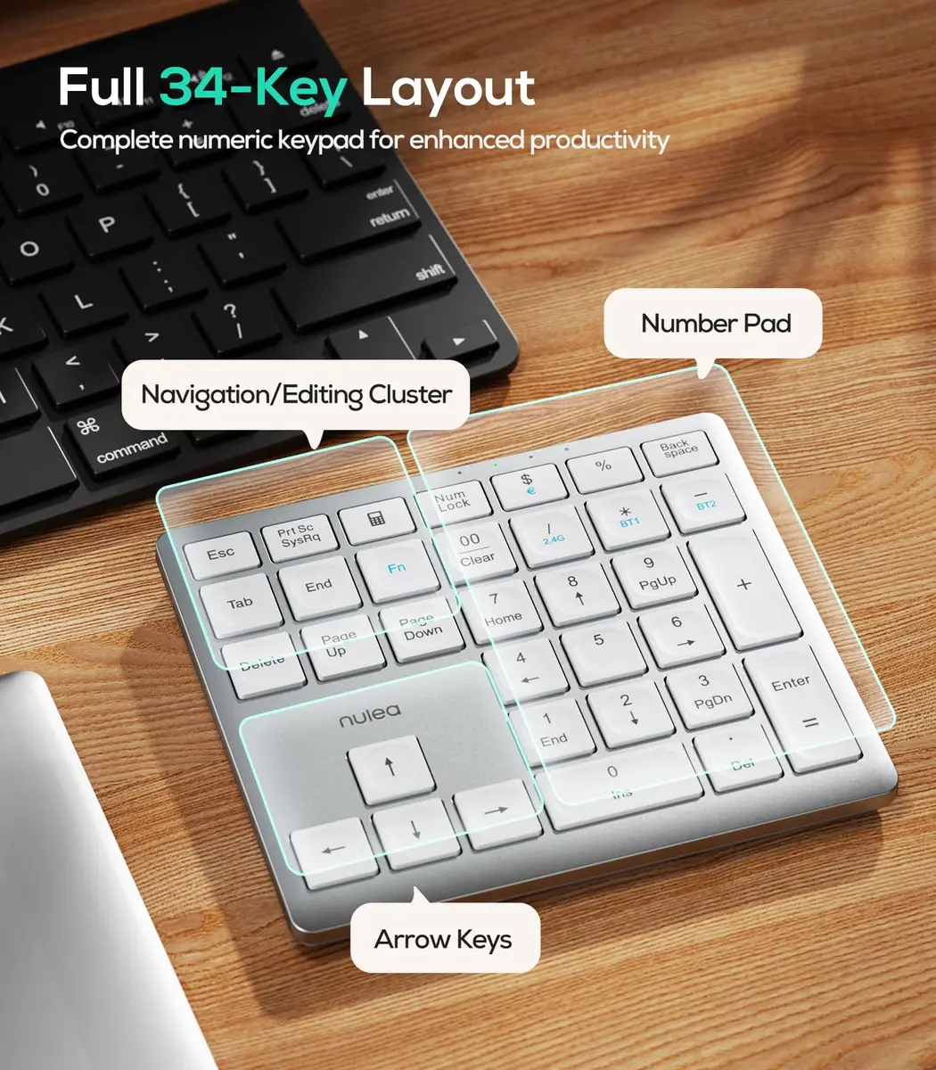 Nulea Wireless Number Pad Bluetooth 5.0 & 2.4G Numeric Keyboard, USB-C Rechargeable, 34-Keys Silvery White | Data Entry Productivity Tool - view 5