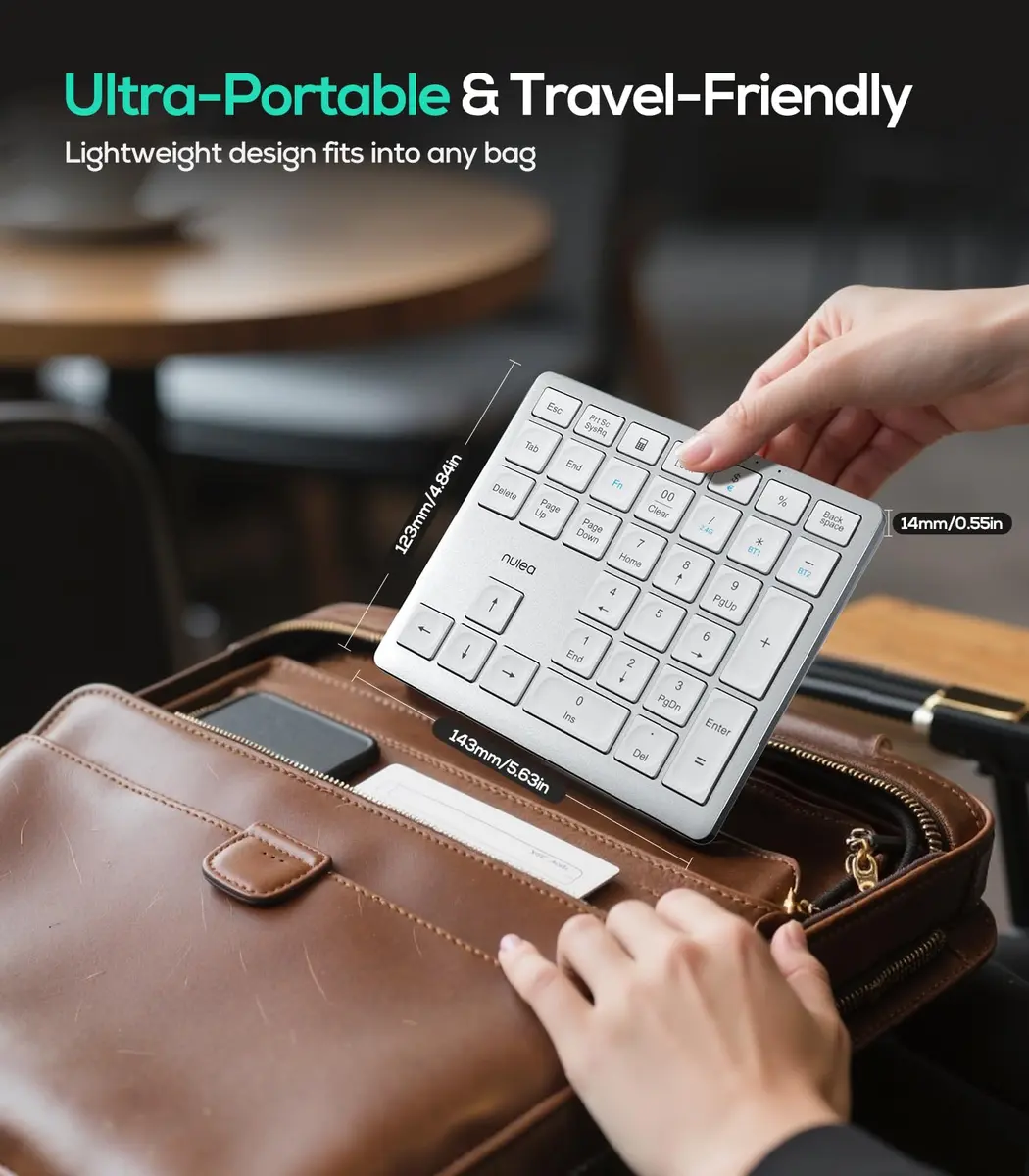 Nulea Wireless Number Pad Bluetooth 5.0 & 2.4G Numeric Keyboard, USB-C Rechargeable, 34-Keys Silvery White | Data Entry Productivity Tool - view 6