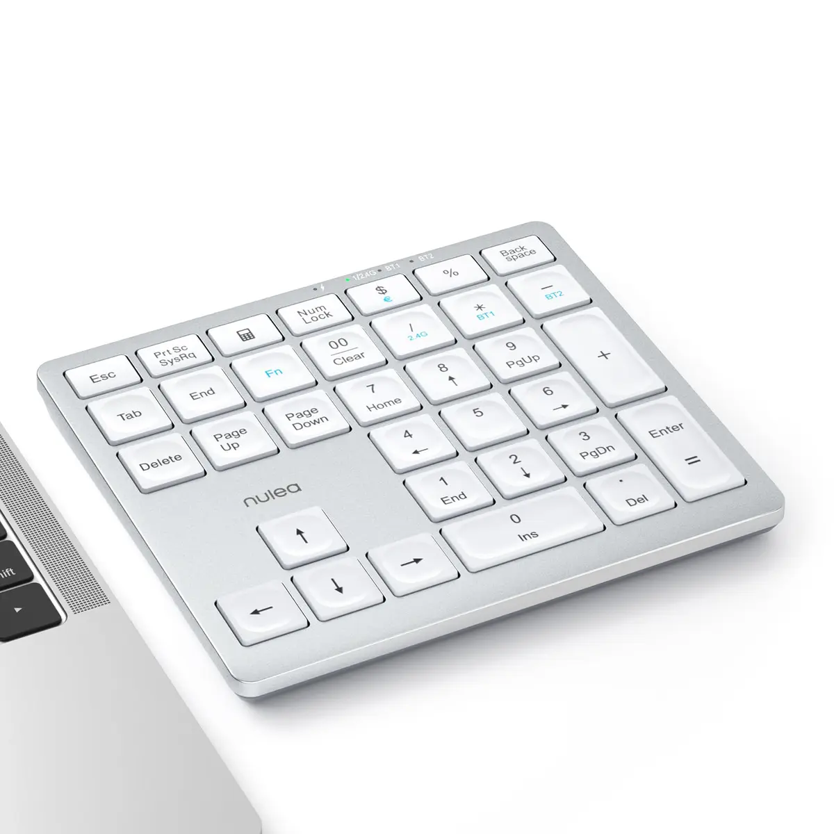 Nulea Wireless Number Pad Bluetooth 5.0 & 2.4G Numeric Keyboard, USB-C Rechargeable, 34-Keys Silvery White | Data Entry Productivity Tool - main product image