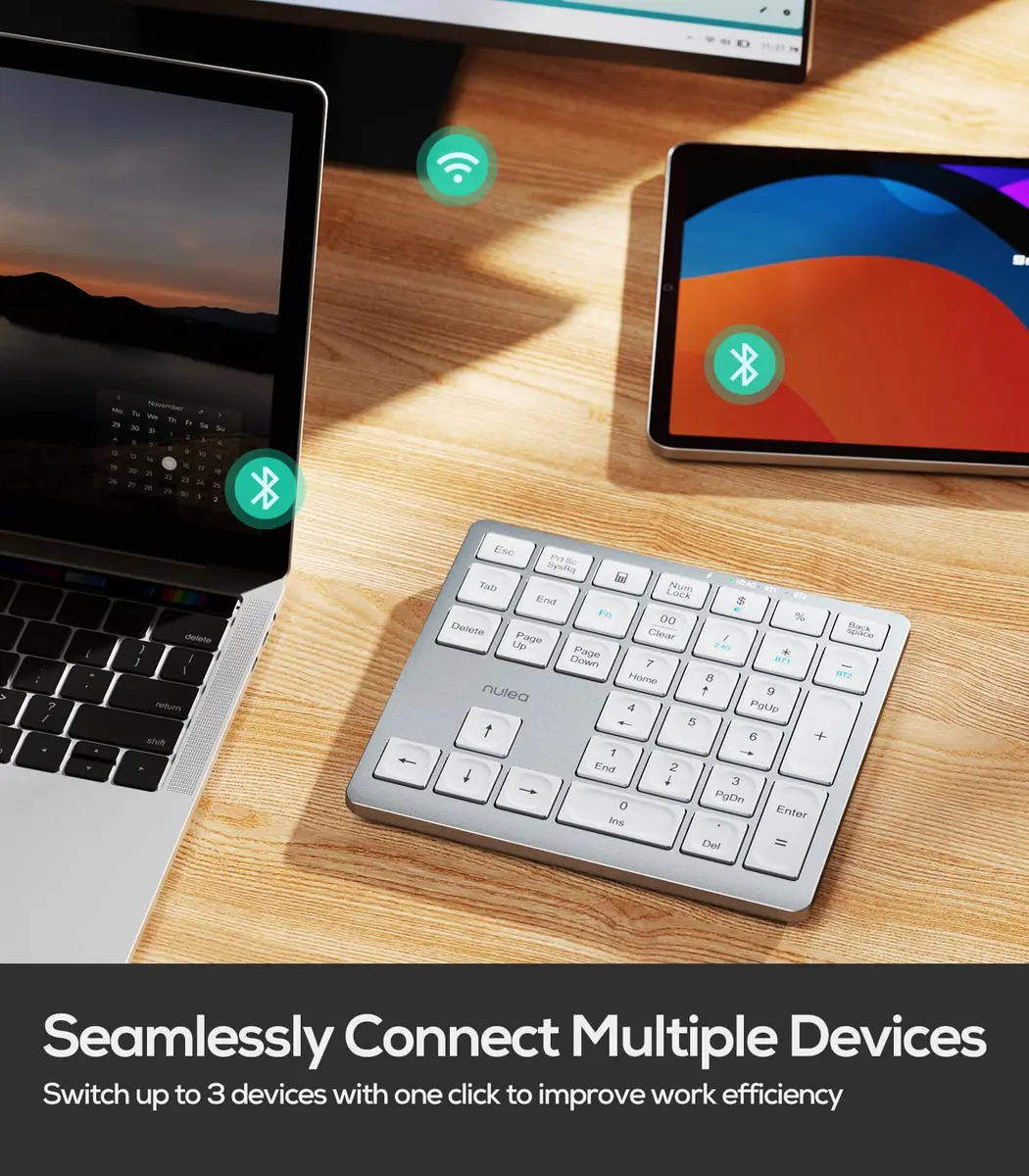 Nulea Wireless Number Pad Bluetooth 5.0 & 2.4G Numeric Keyboard, USB-C Rechargeable, 34-Keys Silvery White | Data Entry Productivity Tool - view 2